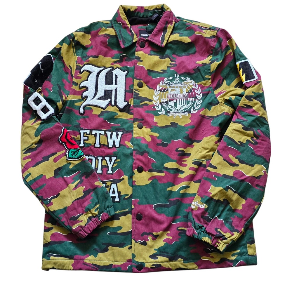 The Hundreds Camo Chore Jacket Mens‎ Medium Button Front Patches Multicolor
